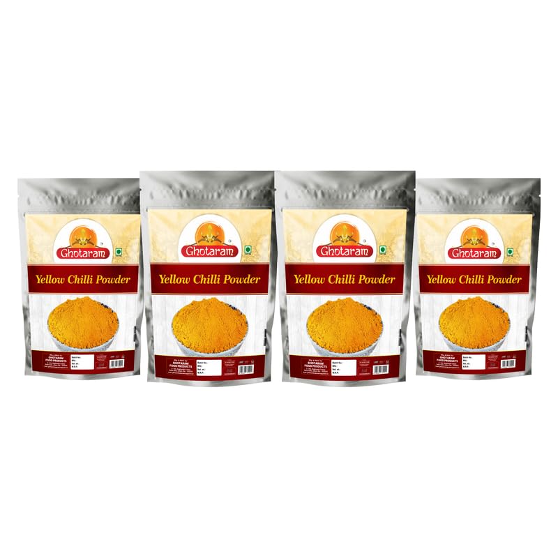 Ghotaram Naga King Chilli Mixed Natural Bhut Jolokia Chilli Powder (Smoke Dried) Yellow Chilli Powder Peeli Mirch Powder, Extremely Hot Chilli Powder Peesi Peeli Mirch Powder-80Gx4Pk