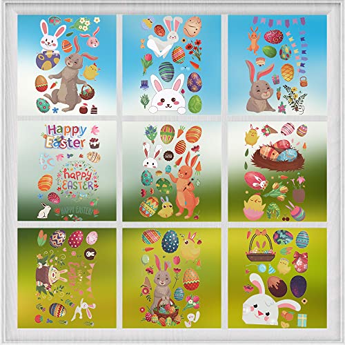 154 pièces Autocollants de fenêtre de pâques, autocollants en pvc auto-adhésifs sans résidu de colle réutilisables, ensemble d'images de décoration de pâques comprenant un lapin de pâques (vert)
