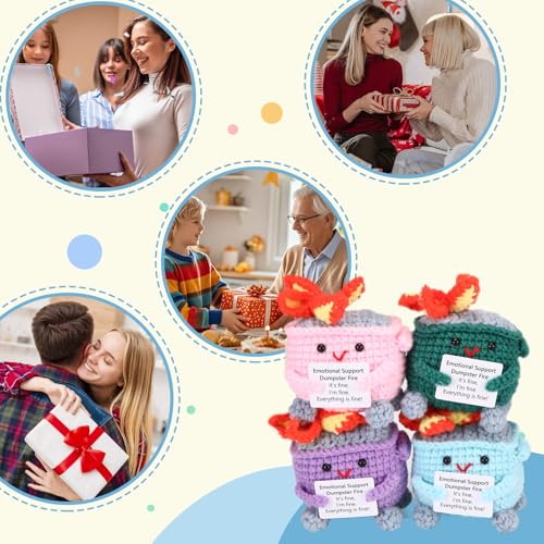 Image of RovyFota Emotional Support Crochet Dumpster Fire with Positive Card Cute Room Decor Knitted Toys Funny Crochet Support Buddies Gifts for Friends (Green&Pink&Blue&Purple)