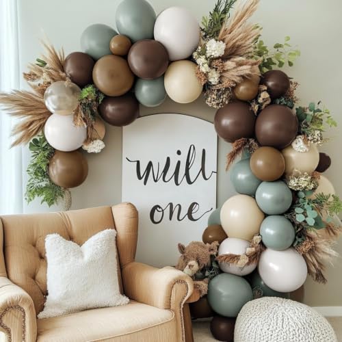 Image of Dusty Green Nude Balloon Arch Double Stuffed Sage Green Brown Beige White Sand Cream Balloon Garland Kit for Neutral Baby Shower Birthday Wedding Woodland Wild One Dinosaur Fall Boho Party Decor
