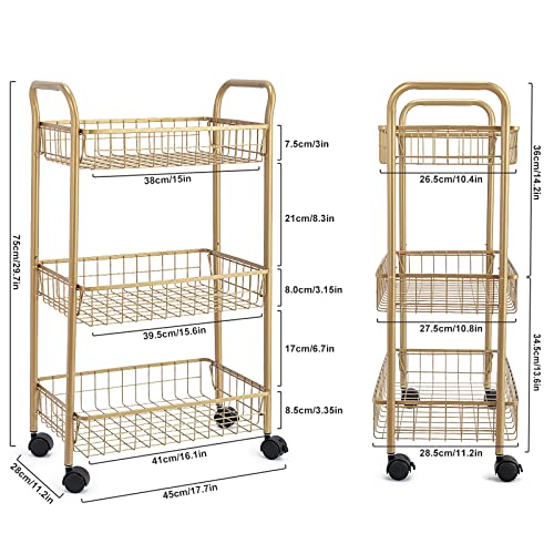 Mnopq 3 Tier Rolling Utility Cart, Storage Trolley Service Cart With Wheels Easy Assembly For Kitchen, Living Room, Office, Salon, Gold #TOP5