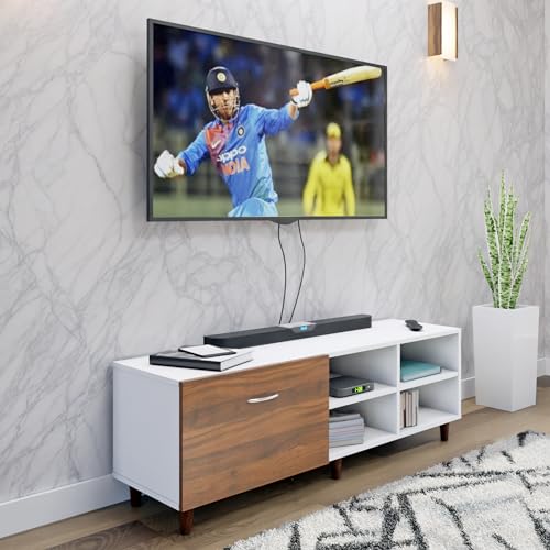Image of VIKI Modern TV Unit for Living Room | Engineered Wood TV Cabinet with 1 Drawer Storage & 2 Open Shelves, Entertainment Unit, 140W x 48H x 40D cm | DIY | 1 Year Warranty (White & Walnut)