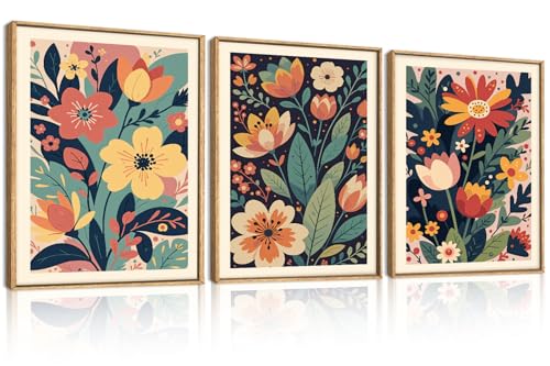 Image of KAIRNE Vintage Colorful Floral Framed Canvas Wall Art Set,Mid Century Modern Flower Wall Decor,Retro Wildflower Art Prints,Boho Botanical Artwork for Living Room,Bedroom,Farmhouse,Office-12 x16 x3