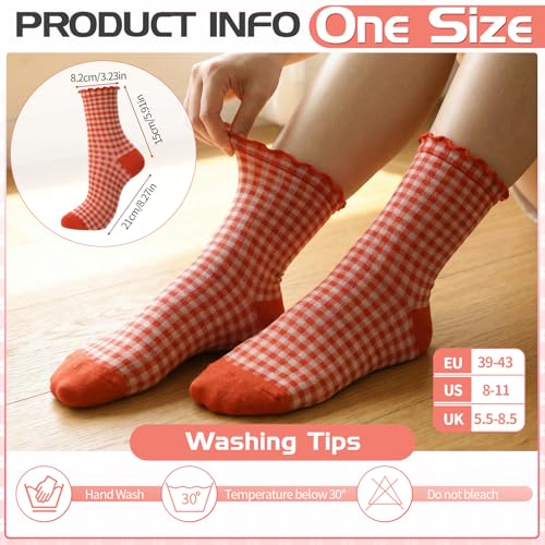 Image of 6 Pairs Women Ruffle Striped Frilly Socks, Cute Checkered Ankle Sock for Women Cotton Knit Casual Crew Socks