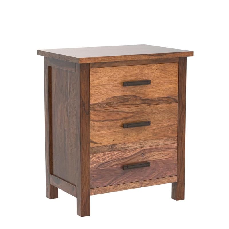 Image of Presents Solid Sheesham Wood Bedside Side Table with 3 Drawer for Bedroom, Sofa, Small, Brown (Brown)