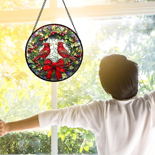 Image of DASTOLL Stained Glass Window Hanging - Cardinals Green Wreath Suncatcher for Doors Home Christmas Decoration Red Bird Sun Catcher Thanksgiving New Year Birthday Gift for Women Men Mom Nana 7.8 in