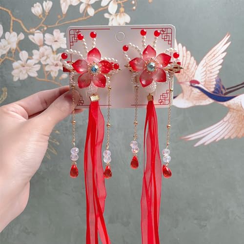 Pinzas para el cabello Tassel Ribbon Bowknot con cola larga, flores Hanfu chinas, accesorios lindos para niñas (Rojo) miniatura 1