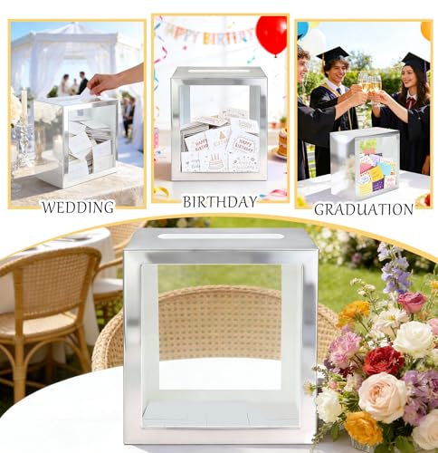 Image of SietDESEO Silver Card Box for Party with Clear Window Large Gift Card Box Holder for Wedding Reception Birthday Graduation Baby Shower Raffle Ticket Box