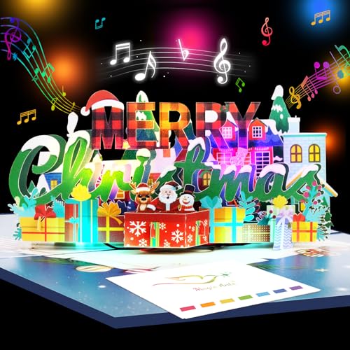 3D Pop Up Christmas Card with Music and LED Lights - Musical Merry Christmas Village Greeting Card with Envelope and Blank Notecard- Winter Holiday Card for Family Friends Kids Grandparents