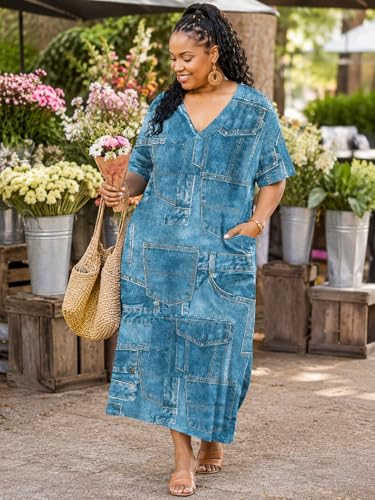 Image of SUZONANA Plus Size Denim Print Maxi Dresses for Women Casual V Neck Short Sleeve with Pockets Soft Jean Look Dress XL-6XL