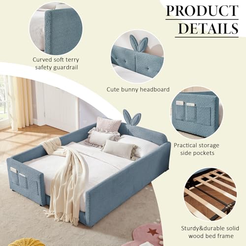 Image of Full Size Bed Frame for Kids, Upholstered Daybed Frame Floor Bed with Safety Rails and Storage Pocket Cute Rabbit Ear Shaped Headboard for Kids Teens Boys Girls, Blue