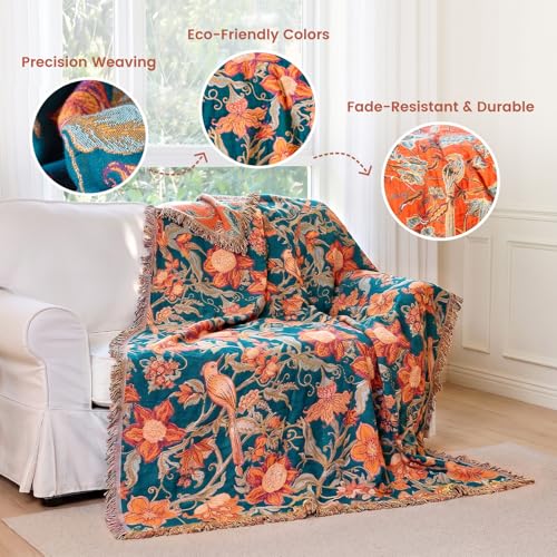 Image of MSGKV Boho Throw Blanket 60 inchx80 inch 100% Cotton Floral Bird Blanket Couch Bed