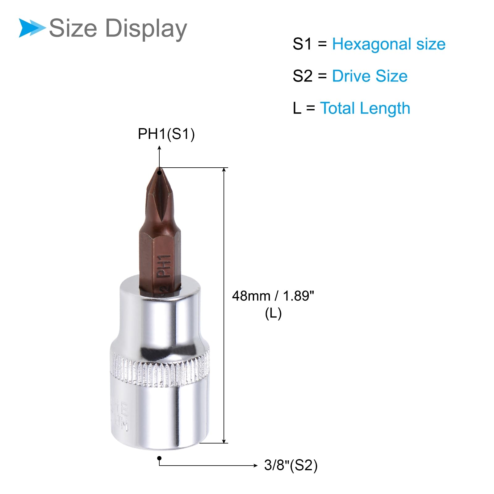 CoCud Phillips Bit Socket, PH1 Bit 3/8" Drive 1.89" Long, S2 Alloy Steel Heat Treated CR-V Socket - Image 2