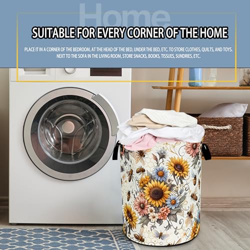 Image of Bee Sunflower Laundry Basket Flower Foldable Waterproof Oxford Cloth