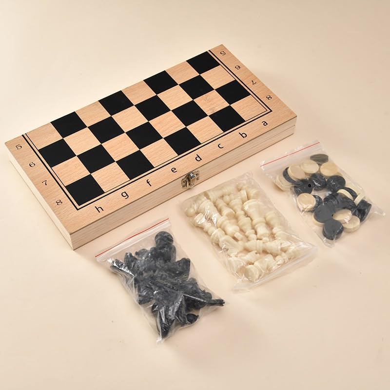 echiquier 3-in-1 Chess Checkers Draughts Backgammon Set Folding Wooden Chess Board Portable for Kids and Adults echecs Jeu(34 * 34cm)