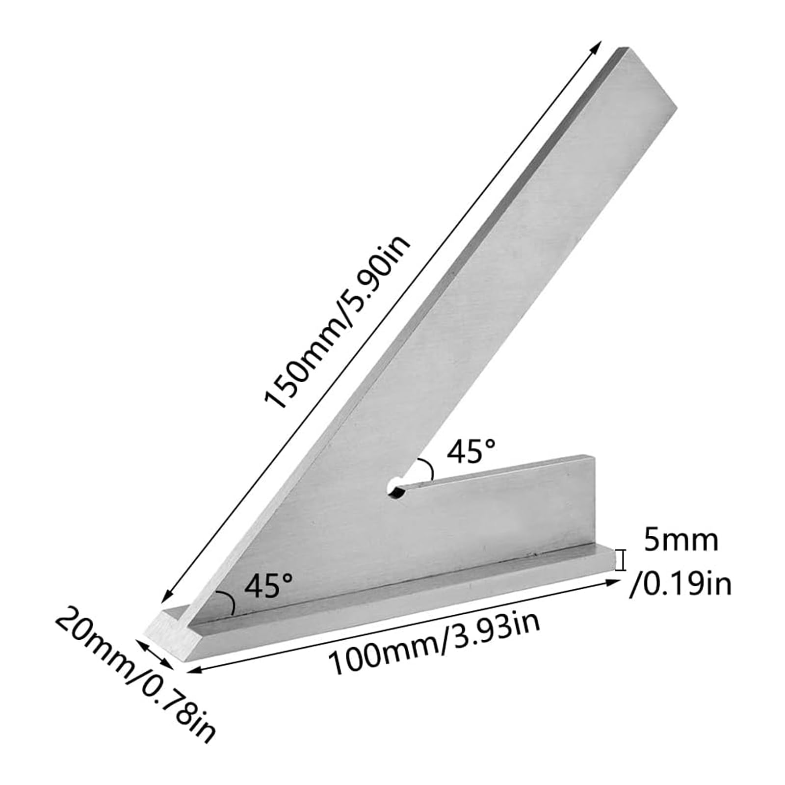 Righello per macchinista a 45 gradi, 150 x 100 mm, DIN 875/2, angolo di 45 gradi, quadrato, per macchinista, ingegnere, quadrato con sedile