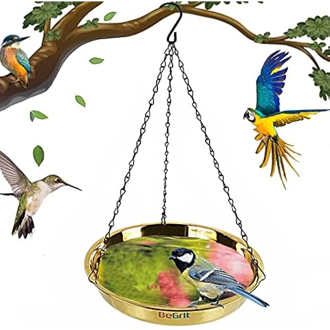 BeGrit Hanging Bird Bath 28cm Garden Birdbath Bowl Metal Feeding Station with Hook Hummingbirds Water Seed Tray Gold for Yard Lawn Wildlife Wild Birds Garden Oenament Cover
