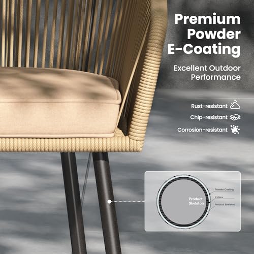 PHI VILLA Garden Chairs Set of 4, Outdoor Dining Chairs Rope Rattan Patio Chairs, Armchair Set with Extra Thick 8cm Cushions and E-coating Metal Frame for Backyard Porch Poolside, Beige 5 PHI VILLA Garden Chairs Set of 4, Outdoor Dining Chairs Rope Rattan Patio Chairs, Armchair Set with Extra Thick 8cm Cushions and E-coating Metal Frame for Backyard Porch Poolside, Beige - Image 5