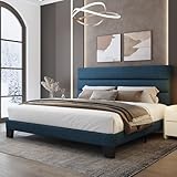 WEEWAY King Bed Frame Platform Bed with Linen Fabric Upholstered Headboard and Wooden Slats Support, Heavy Duty Mattress Foundation, No Box Spring Needed, Easy Assembly, Navy Blue