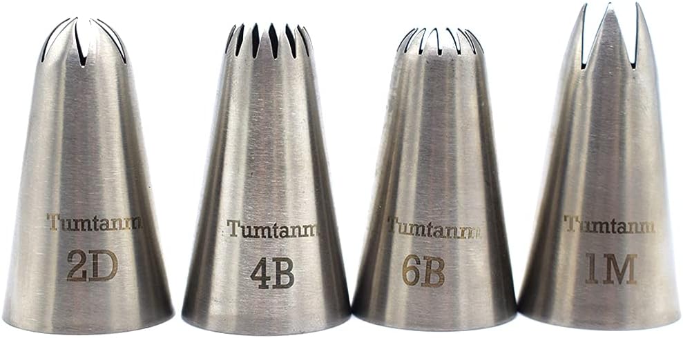 #1M #2D #4B #6B Large Piping Nozzles, 4 pcs Stainless Steel Seamless Icing Piping Tips Set for Cupcakes and Baking