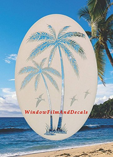 Leaning Palm Trees Oval Etched Window Decal Vinyl Glass Cling - 26\" x 41\" - White with Clear Design Elements