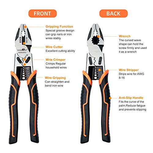 Vanjoin Linesman Combination Pliers, Professional 9 Inch Screw Pliers Multitools With Wrench Wire Stripper Crush Crimper Side Cutter Winding Function, Screw Gripping Remover Pliers Hand Tool (9 Inch) #TOP1