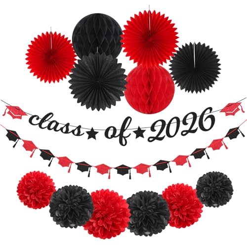 Image of Red Black Party-Decoration Graduation Banner - 14pcs Kits Cap Garland Streamers, Paper Tissue Pom Poms Flowers Fans Honeycomb,Class Of 2026 College High School Grad Decor Hugfond