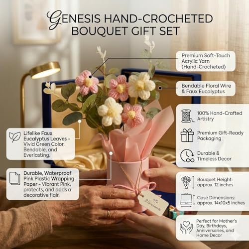 Image of Panchhi Store Handmade Crochet Flower Bouquet in Pink Vase, Aesthetic Room Decor for Bedroom, Unique Birthday Gift for Women & Girls, Anniversary Couple, Boho Artificial Table Decoration Items 1 pcs