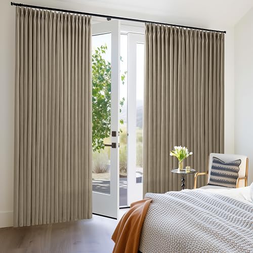 Image of Pinch Pleated Linen Extra Wide 100 Inch Wide 108 Inch Curtains Light Brown | Wide Window, Room Divider, Light Filtering, Patio Curtains, for Sliding Door, Extra Long, Balcony, Floor to Ceiling, 1 Panel