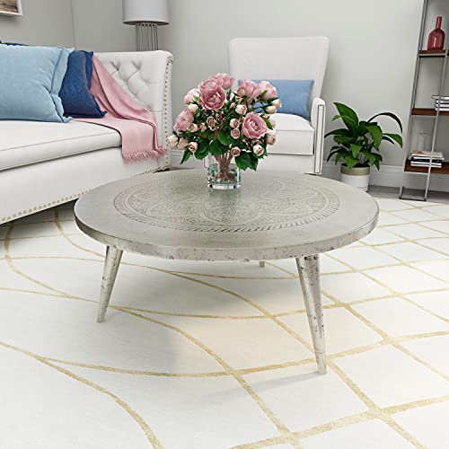 Deco 79 Aluminum Floral Coffee Table With Etched Design, 35" X 35" X 16", Silver #TOP5