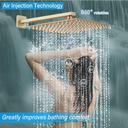 Image of Shower Faucet Set Complete, Wall Mount Shower System for Bathroom 12 Inch High-Pressure Rainfall Shower with Handheld, Rough-in Valve Body and Trim Kit, Brushed Gold