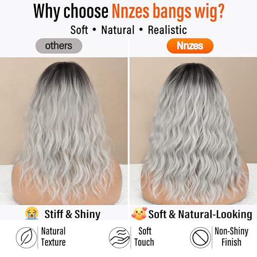 Image of Nnzes Silver Wigs for Women,Synthetic Short Curly Wig with Bangs 16 Inch | Natural-looking heat-resistant fiber, soft comfortable wear, beginner-friendly for daily, party & cosplay.
