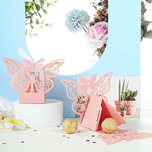 Kesote 50 Pack Butterfly Favor Boxes, Small Baby Shower Bridal Shower Wedding Birthday Candy Favor Boxes with Ribbons, Pink and White