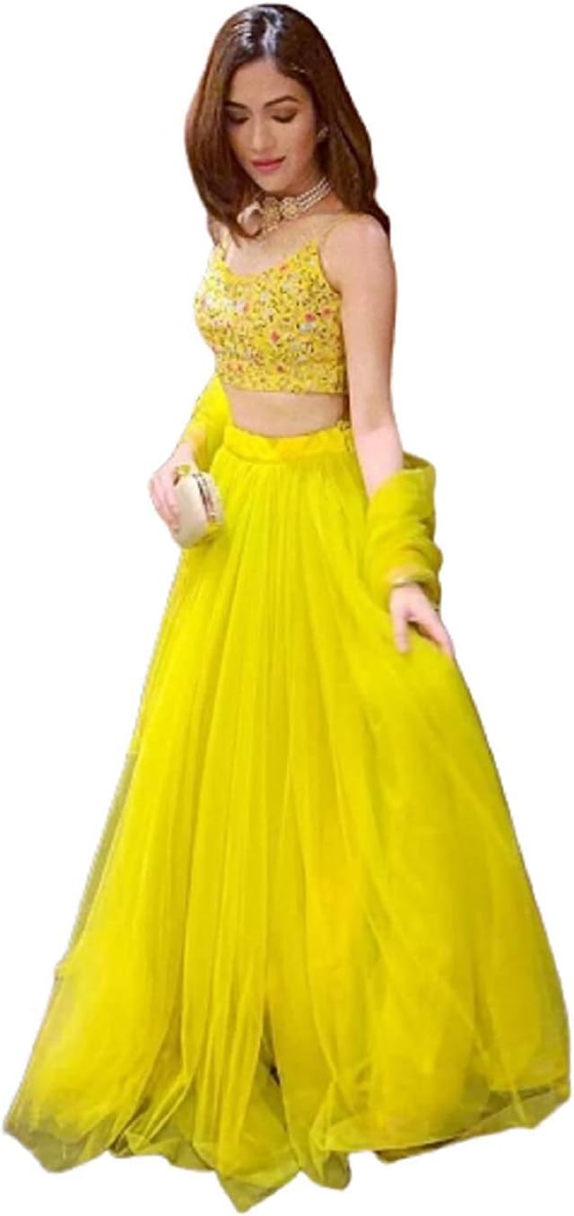 Madellion Women's with Embroidered Crop Top Lehenga with Frilled Net Dupatta (Yellow, Free Size)
