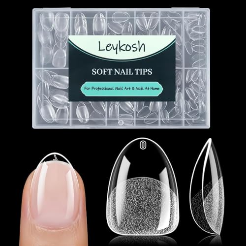 Image of LEYKOSH Extra Short Almond Nail Tips - 216pcs Soft Gel Full Cover Fake Nails, 70-Grit Pre-Sanded Matte Clear Press on Nails for Extension, DIY Home Manicure with 12 Sizes