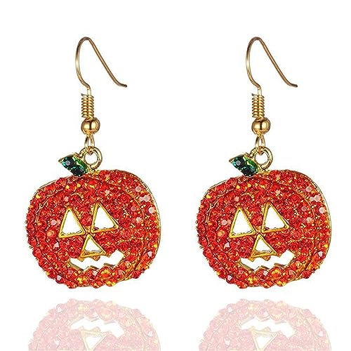 Pumpkin Earrings for Women Unique Red Full Crystal Rhinestone Halloween Smiling Face Pumpkin Dangle Drop Funny Earrings Holiday Night Costume Jewelry, Fun and Festive