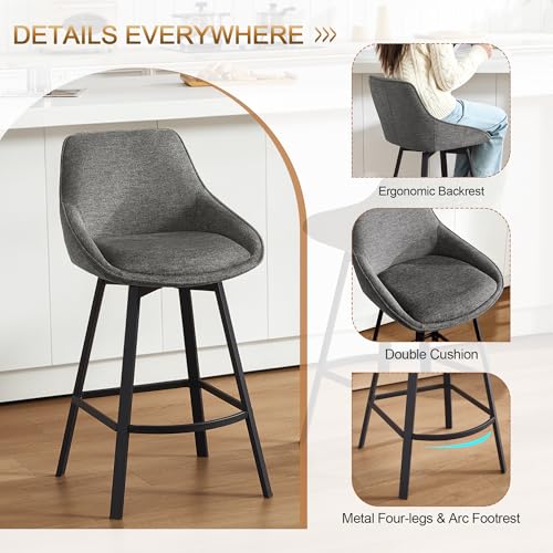 Image of Zesthouse Swivel Counter Height Stools Set of 4, Modern Upholstered Barstools with Backs, 26'' Linen Fabric Counter Height Bar Stools, Metal High Chairs for Island Kitchen, Dark Grey