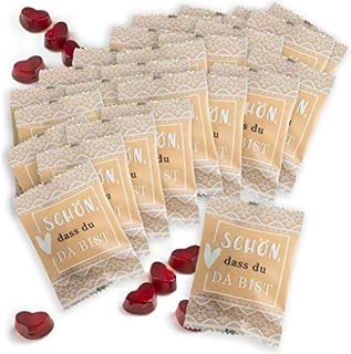 WeddingTree Gumowe serca owocowe "Schön, dass du da bist" 25 x 10 g w małych pudełeczkach z papierem typu kraft, idealne jako prezent dla gości na urodziny, jako dekoracja weselna, vintage lub prezent dla gości