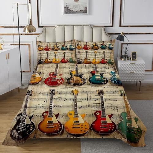 Manfei Electric Guitar Kids Bedspread King Size,Musical Notes Stylish Retro Coverlet Set,Boys Girls Room Decor,Hip Pop Rock Roll Music Theme Quilted Coverlet,Brown Bedding Quilt,2 Pillowcases