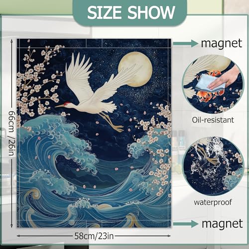Image of Dishwasher Magnets Decorative Cover,Japanese Crane Refrigerator Magnet Cover,Washable Blue Sea Wave Pink Flowers Dishwasher Front Panel Cover Home Kitchen Decoration 23x26 Inch