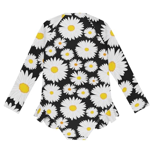 Girls One Piece Swimsuits Long Sleeve Swimsuit Zipper Bathing Suits White Flowers Daisies on Black2