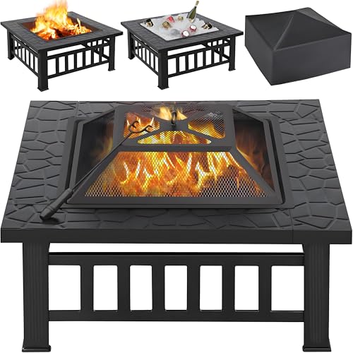 Yaheetech Outdoor Fire Pit 81cm Square Fire pits 3-in-1 Heat-resistant Metal Garden Stove for...