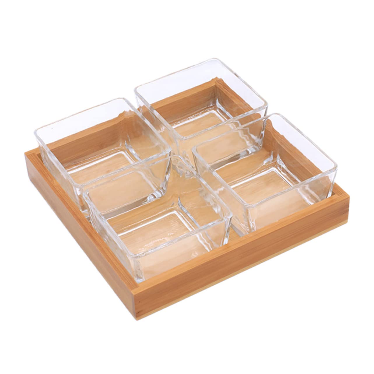 Plateau à Fruits Compartimenté 4 Cases en Verre Support en Bois, Multifonction pour Noix et Fruits Secs, Service Apéritif Cuisine et Fêtes, Ensemble sans Couleur Aléatoire
