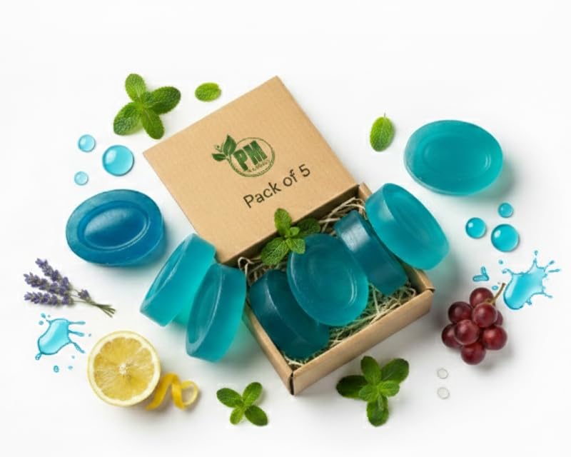 Image of PM Herbal Natural Glycerine Soap Paraben Free SLS /SLES Free Handmade Herbal Bathing Bars with Coconut Oil, Vitamin E & Essential Oils for Glowing, Moisturized Skin (Mint (Pack Of 5))