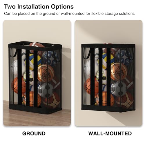 Image of STO STO Ball Storage Basket, Wall-Mounted or Freestanding Garage Ball Organizer Holder, Holds up to 15 Balls, Sports Equipment Organizer with Elastic Front Access for Garage, Gym, Playroom, Black