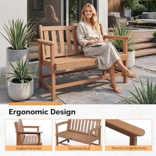 Image of VINGLI 49in HDPE Outdoor Bench with Backrest and Armrests, 2-Person Weatherproof Patio Bench, Heavy Duty 600 lbs Capacity, Low Maintenance Garden Benches for Porch Backyard Poolside Park (Teak)