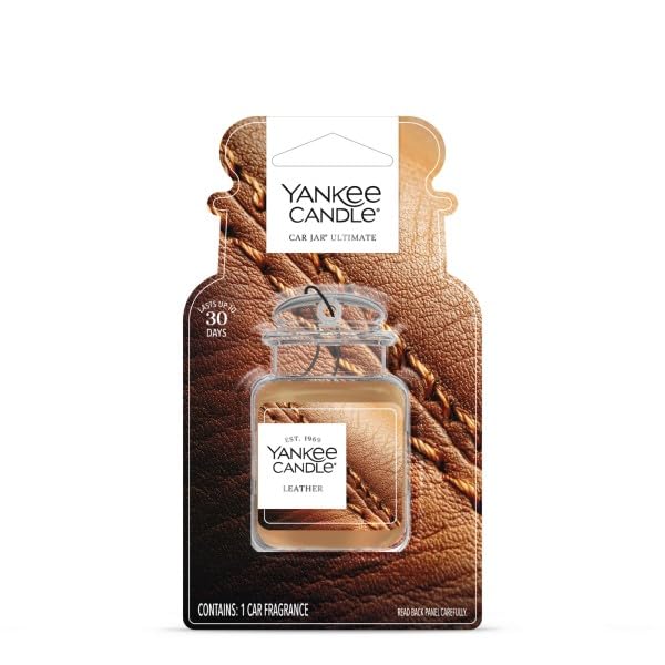 Image of Yankee Candle Car Jar Ultimate Air Freshener, Hanging Car Freshener, Long Lasting Car Fragrance (Leather)