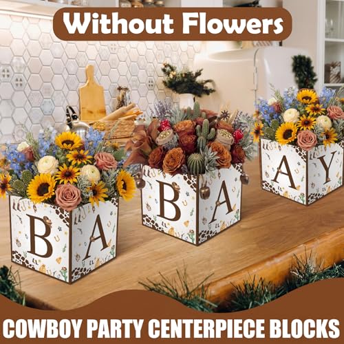 Image of Bucherry 6 Pcs Baby Shower Centerpiece Boxes with 'baby' Letters Flower Boxes Tables Decoration for Girl Baby Shower, Birthday, Gender Reveal Party Favors(Brown,Cowboy)