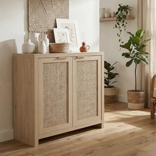 Image of OAKHAM HOME Rattan Sideboard Buffet Cabinet with Storage, Boho Farmhouse Credenza with Adjustable Shelves, Decorative Coffee Bar Cabinet for Living Room & Entryway Organization, Light Oak, 2 PCS | Buffet Cabinet with 2 Soft-Close Doors, Adjustable Shelves and 110 lbs Top, For Living Room, Kitchen, Entryway