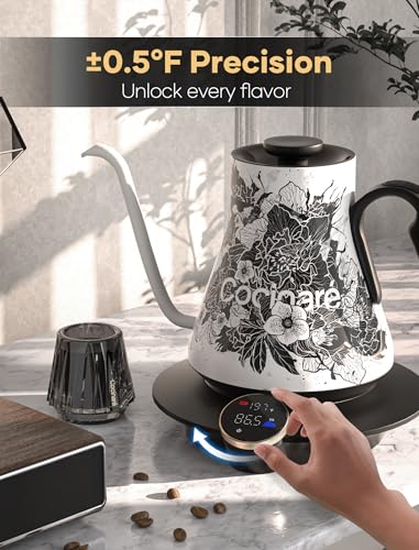Image of Cocinare Artisan Collection Gooseneck Electric Kettle, ±0.5F Temperature Control for Pour Over Coffee & Tea, 1500W Fast Heating, Stainless Steel Interior, 0.9L, Blossom Design